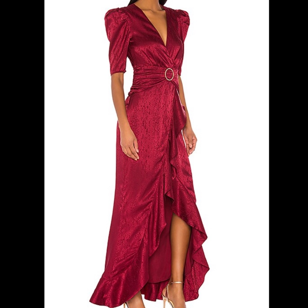Burgundy V-Neck Ruffled Maxi Dress with Belt